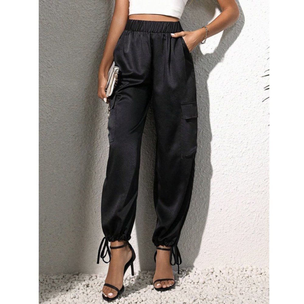Luxe Look Satin Pocketed Joggers - Black - Picture 6 of 6